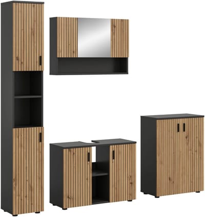 Moderne badcombinatie in basalt en eiken look - Ruime opbergkasten met spiegel - 4-delige set - 200x192x30cm