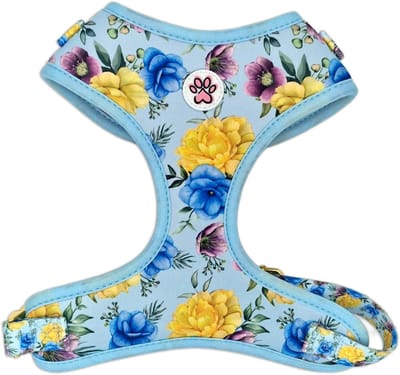 Hondentuigje - Zacht Tuigje / Honden Harnas - Blauw - Kleurrijke Bloemen - Rozen - Blue-tiful Blossoms - Paw My God! - Maat L