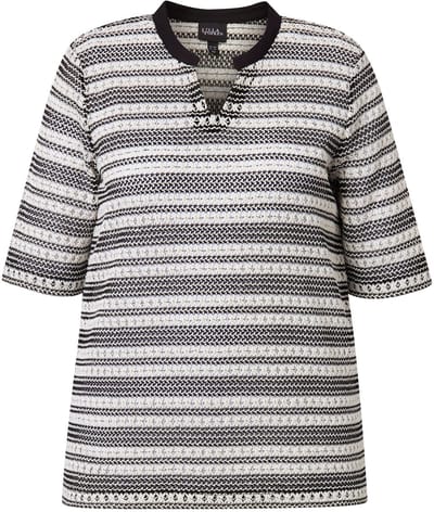 Ulla Popken - Dames - Shirt gebreide strepen ronde hals halve mouwen - Zwart - Maat 42+