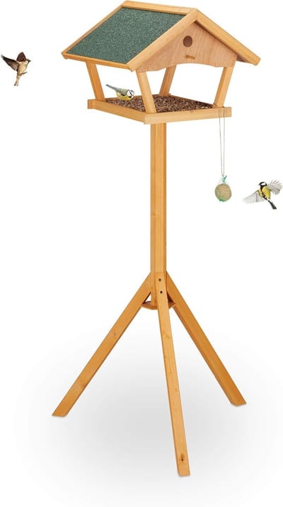 Famanu – Vogelvoederhuisje op voet - voederhuis - tuin - hout - staand vogelhuisje - HBD 137 x 66 x 59 cm - natuur/groen