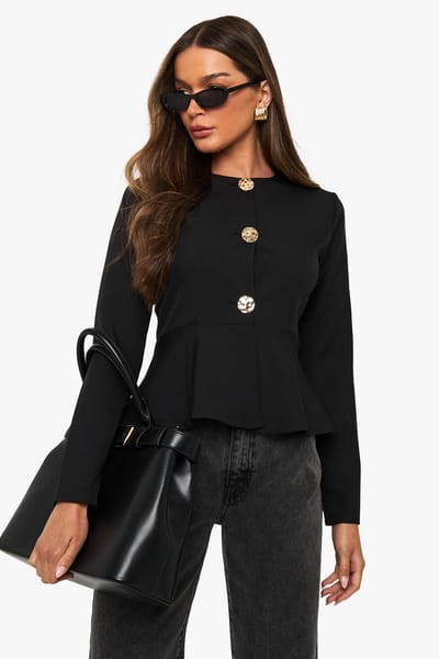 boohoo Dames Gouden Knop Peplum Getailleerde Top | Zwart | Maat: 38