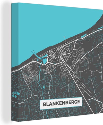 Canvas Schilderij België – Blankenberge – Stadskaart – Kaart – Blauw – Plattegrond - 20x20 cm - Wanddecoratie