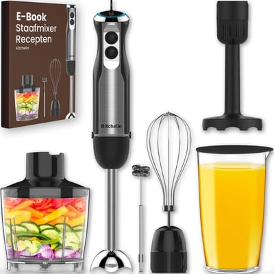 Staafmixer set - 7-in-1 - 1000W - 21 Snelheden en Turbo - met Hakmolen, Garde, Melkopschuimer, Pureerstaaf en Maatbeker - Soepmaker, Mixer Staafmixer - RVS - Zwart - Incl. Ebook - Kitchello