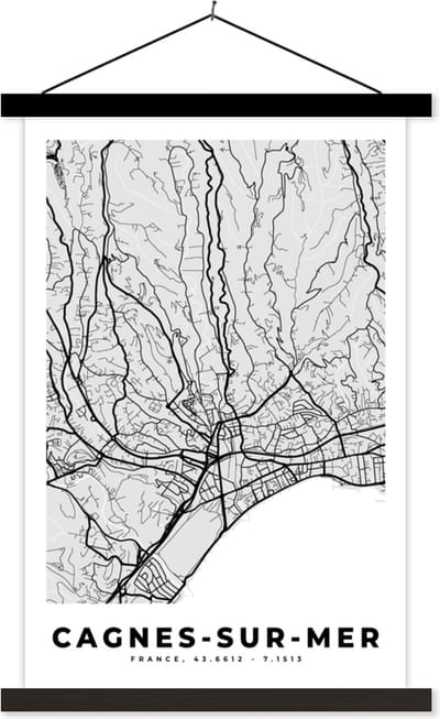 Posterhanger incl. Poster 40x60 cm - Schoolplaat - Stadskaart - Frankrijk - Kaart - Cagnes-sur-Mer - Plattegrond - Textielposter - Zwarte latten - Stadskaart