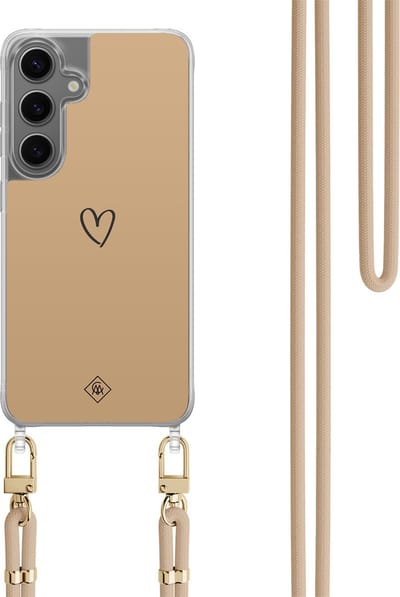 Casimoda® hoesje met koord - Geschikt voor Samsung S24 - Hart Bruin - Afneembaar koord - TPU/polycarbonaat - Bruin/beige