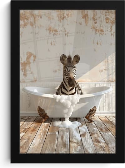 Poster in lijst - Fotolijst 20x30 cm - Posters - Vintage - Zebra - Wilde dieren - Badkuip - Posterlijst zwart - Wanddecoratie badkamer - Muurdecoratie WC - Decoratieve accessoires - Toilet muur decoratie
