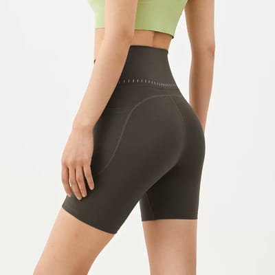 Dames yogashort-hoog taille-naadloos-heupvormend-met zakjes-buiten sporttraining-fitnessshort-draagbaar buitenhuis-Steengrijs— S