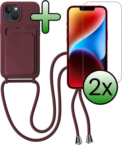 Hoes Geschikt voor iPhone 13 Hoesje Pas Houder Case Hoes Met Koord Met 2x Screenprotector - Hoesje Geschikt voor iPhone 13 Hoes Met Telefoonkoord Pasjeshouder Cover - Aubergine
