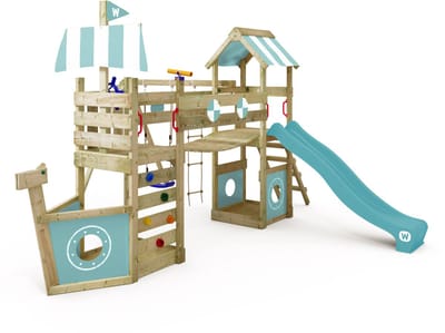 Wickey StormFlyer Speeltoestel - Schommel en Touwladder met Glijbaan - Wiebelbrug & 2 Zandbakken - 494x495x260 cm - Pastelblauw