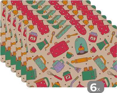 Placemat - Placemats kunststof - Keuken - Thee - Patronen - 45x30 cm - 6 stuks - Hittebestendig - Anti-Slip - Onderlegger - Afneembaar