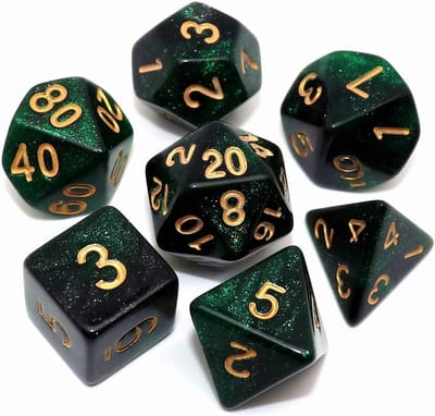 SnelShoppen - Polyhedral DND Dobbelstenen Set Glitter Dice voor Dungeon en Dragons RPG Groen Zwart Nebula 7 Stuks
