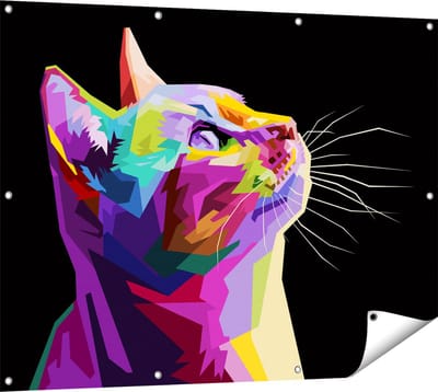 Gards Tuinposter Kleurrijke Kat Kijkt naar Boven - Abstract - 120x90 cm - Tuindoek - Tuindecoratie - Wanddecoratie buiten - Tuinschilderij