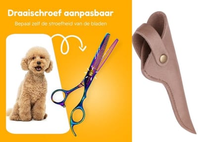 Professor Q – Professionele Effileerschaar 16,5 cm – Rechtshandige Uitdunschaar – Regenboog Design – RVS – Inclusief Luxe Lederen Etui – Brons