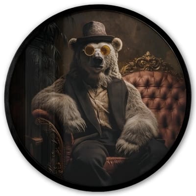 Poster in lijst Rond - Fotolijst 40x40 cm - Posters - Ijsbeer - Hoed - Bril - Stoel - Ronde posterlijst zwart - Decoratie - Wanddecoratie woonkamer - Muurdecoratie slaapkamer