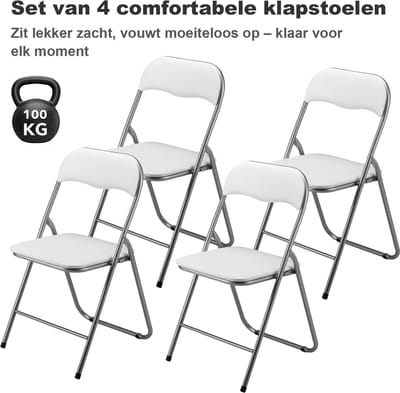 BARDI Set van 4 - Klapstoel - Vouwstoel - Opvouwbare Stoel - Comfortabel & Lichtgewicht - 100kg draagkracht - 43 x 38 x 87 cm - PVC - Eettafelstoel - WIT