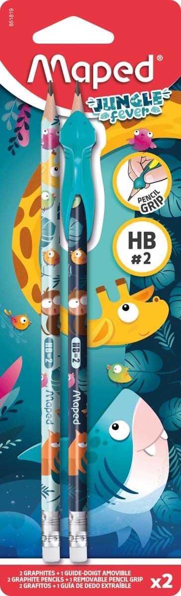 Maped grafietpotlood Jungle Fever HB met gom | + leerhulpmiddel | blister van 2 stuks | assorti