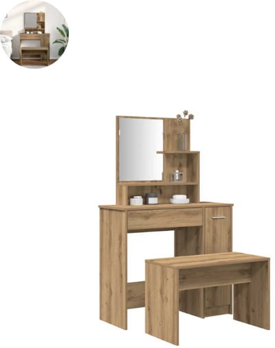 Kaptafel met spiegel - Make up tafel - Make up - Toilettafel - Met lades - Artisanaal Eiken