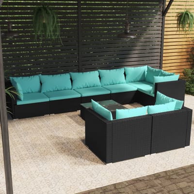 vidaXL - 9-delige - Loungeset - met - kussens - poly - rattan - zwart