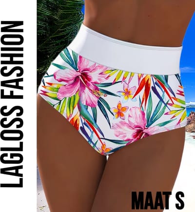 LaGloss® High Waist Dames Bikini Broekje met All-over Bloemenprint Wit - Hoog Elastisch – Zomermode – Beach fashion – Maat S