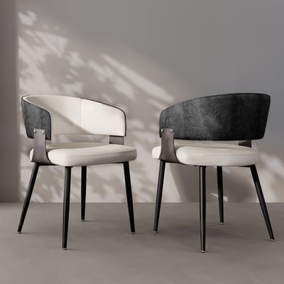 FATIVO Eetkamerstoelen - Set van 2 - Eetkamerstoel - Modern Design Eettafelstoel - Microfiber Leer - Brede Zitting – Krokodillenstructuur - Comfortabele Keukenstoelen - zwart & crème