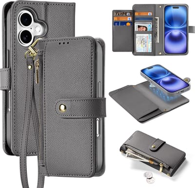 Dux Ducis - Telefoon Hoesje geschikt voor Apple iPhone 16 - Hoesje geschikt voor Magsafe Magneet - 2 in 1 Wallet Book Case - Lawa Series - Grijs