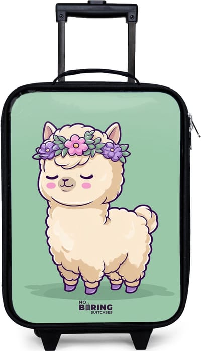 NoBoringSuitcases.com® - Kinderkoffer jongen - Kindertrolley meisje - Kawai - Alpaca - Groen - Koffer kind lichtgewicht - Reiskoffer trolley voor kinderen - Koffertje met lichtgevende wieltjes - Rolkoffer zwart