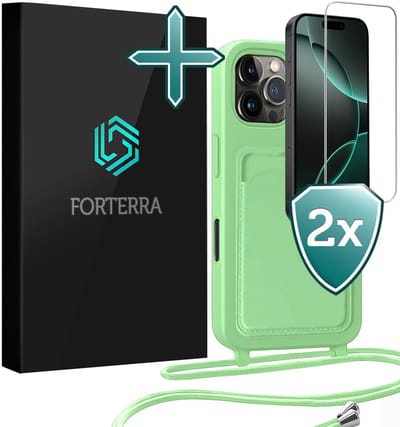 Hoesje Geschikt voor iPhone 16 Pro Pashouder Case Siliconen Hoes Met Koord Met 2x Screenprotector - Hoes Geschikt voor iPhone 16 Pro Met Telefoonkoord Hoesje Back Cover Met Pasjeshouder - Groen