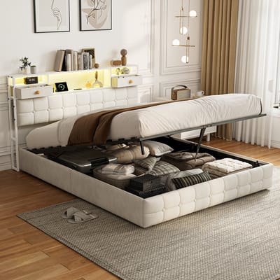 Tweepersoonsbed 160x200 cm - Beige Fluweel Opbergbed met Hydraulisch Mechanisme, LED-Verlichting, USB/Type-C Oplaadpoorten en Hoofdbord met 2 Lades