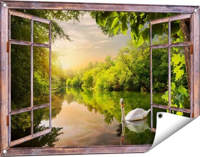 Gards Tuinposter Doorkijk Zwaan op het Water in het Bos - 90x60 cm - Tuindoek - Tuindecoratie - Wanddecoratie buiten - Tuinschilderij