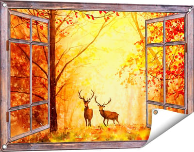 Gards Tuinposter Doorkijk Getekende Herten in het Bos - Herfst - 90x60 cm - Tuindoek - Tuindecoratie - Wanddecoratie buiten - Tuinschilderij