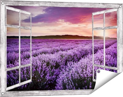 Gards Tuinposter Doorkijk Bloemenveld met Paarse Lavendel - Bloemen - 90x60 cm - Tuindoek - Tuindecoratie - Wanddecoratie buiten - Tuinschilderij