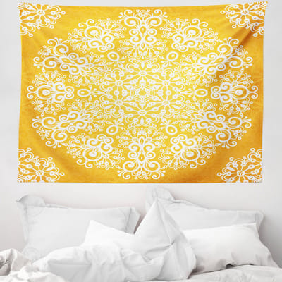 ABAKUHAUS Geel Wandtapijt en Sprei, Bloemen en Sneeuwvlokken, 150 x 110 cm, Geel en Wit
