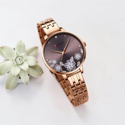 CURREN Dameshorloge Rosé Goudkleurig Paars Wijzerplaat - 35mm Bloemen Design Elegante Look