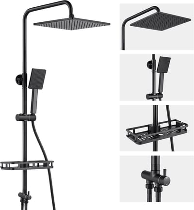 DERW Max Regendouche - Doucheset Zwart - Met Doucherek Badkamerrek - 10 inch Douchekop - Verstelbare Hoogte 72-110 cm - Vierkant Design - Duurzame Messing Omsteller voor Badkamer - Zwart