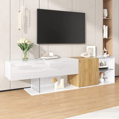 TV-Meubel - 180 cm - Hoogglans TV-Kast met Glasplanken en Houtlook - MDF/Glas - Wit