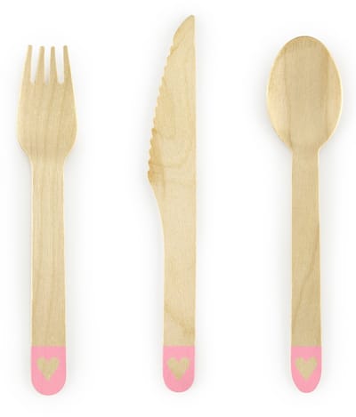 PARTYDECO - 18 roze houten bestekken met hart, 16 cm, wegwerp