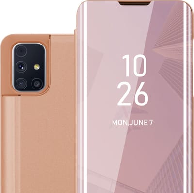Cadorabo Hoesje geschikt voor Samsung Galaxy M31s in KUNZIET ROZE - Clear View Spiegel Beschermende Case met Tribunefunctie 360 Graden Bescherming Book Case Cover Etui