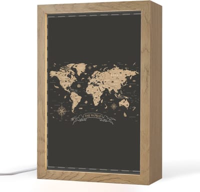 Tafellamp 20x30 cm - LED lamp - Wereldkaart - Beige - Zwart - Decoratieve tafellampen - Dimbaar - Tafellampje slaapkamer - Woonkamer binnen