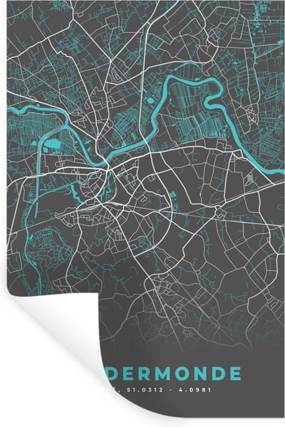 Muurstickers - Sticker Folie - Stadskaart – Grijs - Kaart – Dendermonde – België – Plattegrond - 20x30 cm - Plakfolie - Muurstickers Kinderkamer - Zelfklevend Behang - Zelfklevend behangpapier - Stickerfolie