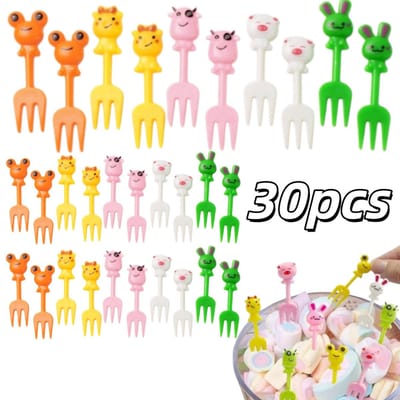30 mini cartoon fruitvorkjes - Veilig en praktisch - Taartspiesjes - Dessertvorkjes - 1,5 x 5 cm - Geschikt voor kinderen, volwassenen en feestjes - Oranje, geel, roze, wit, groen