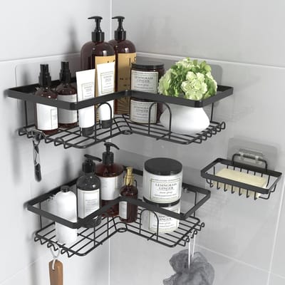 Zelfklevende Hoekdouche Organizer - 3-pack met Zeephouder en Haken voor Badkamer en Keuken