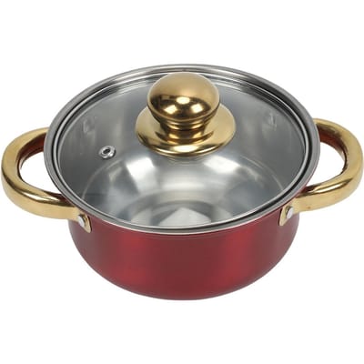 Lot de 5 casseroles en acier inoxydable Ustensiles de cuisine Casserole avec couvercle en verre Marmite Pot à soupe avec 2 poignées pour la cuisine L rouge