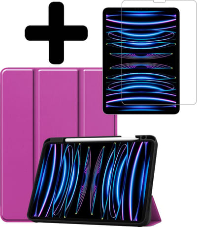 Hoes - Geschikt voor Apple iPad Pro (2022) - 11 inch - 4e generatie - Met Screenprotector - Trifold Bookcase - Hard Cover Case - Met Uitsparing Geschikt voor Apple Pencil - Hardcover Book - Tablet Hoesje - Paars