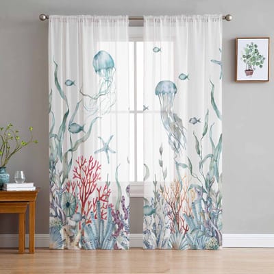 Marine Koraal in Zomer Tule Raamgordijnen voor Slaapkamer Luxe Huisdecoratie Draperieën in Woonkamer Chiffon Panelen 135W x 114H(cm) white