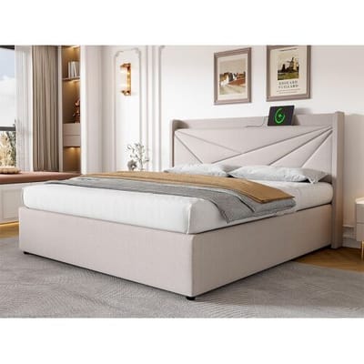 ModernLuxe Opbergbed 180x200cm linnen stof - met USB-poort en lattenbodem - Beige