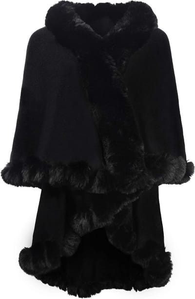 Dames fijn gebreide cardigan met capuchon en nepbont poncho voor een stijlvolle look