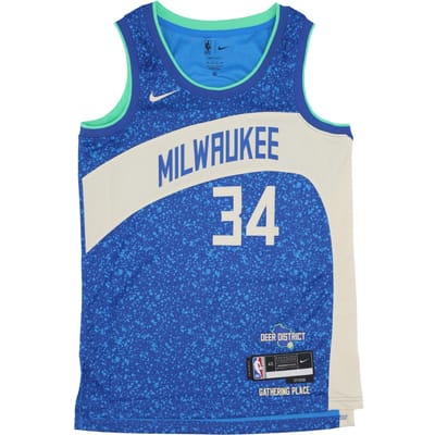 Basketbaltanktop voor heren Nba City Edition 2023/24 Swingman Jersey 34 Giannis Antetokounmpo Milbuc Photo Blue