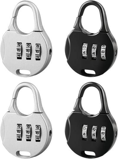 Mini Combinatieslot met 3 Cijfers, Verstelbaar Hangslot voor Koffers, Rugzakken en Lockers - Set van 4 Stuks, Zwart en Zilver, Rond Design