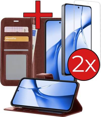 Hoesje - Met 2x Screenprotector - Geschikt voor OnePlus Nord CE4 - Luxe Pasjeshouder - Flip Case - Bookcase Portemonee - Kunstleer Book Case - Flipcase Hoes - Book Cover - Walletcase - Portemonneehoes - Telefoonhoes - Bruin