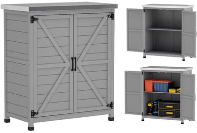Lifero Tuinkast - Buitenkast Grijs - Opbergkast Buiten en Stevige Werkbank - Tuinmeubelen - 79 x43 x 92 cm - Deuren en Planken